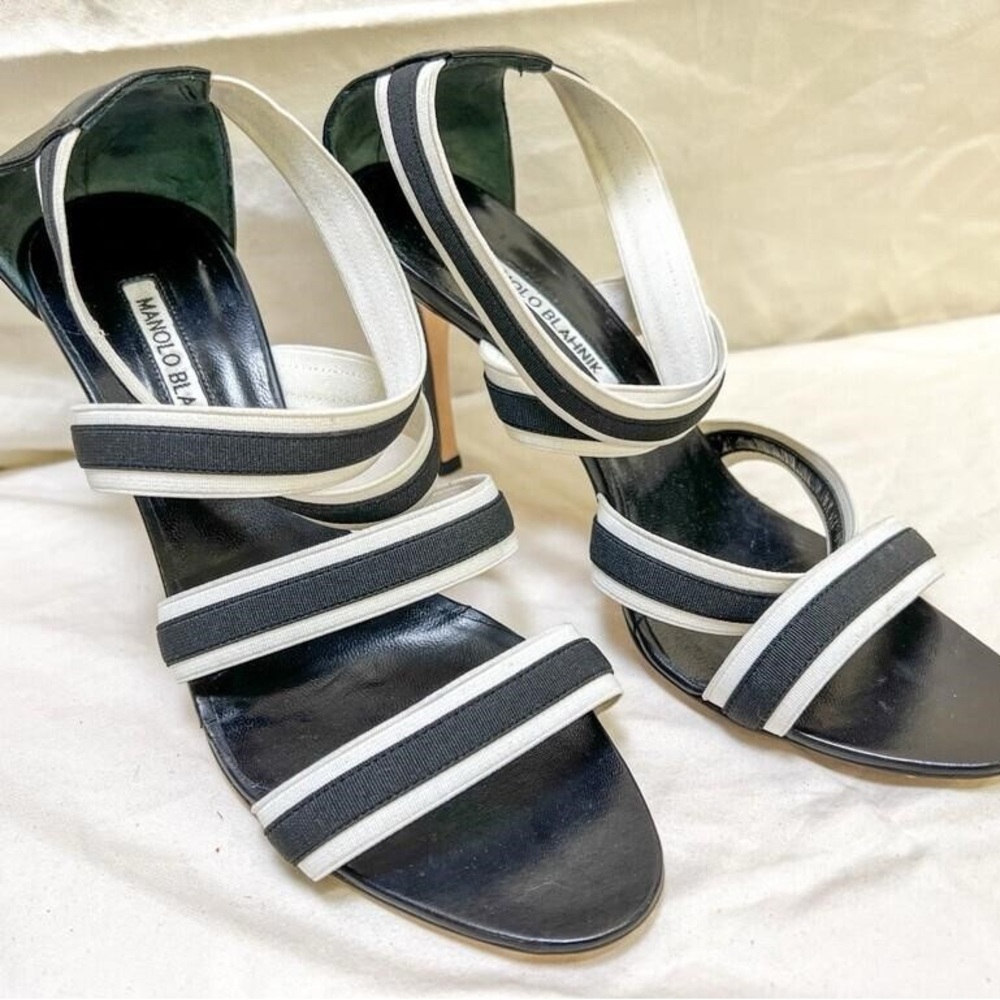 Manolo Blahnik Grosgrain Tape Leather Strappy Stiletto Heels in size 39 EU